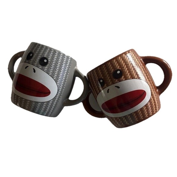 Sock Monkey Coffee Cocoa Mug Ceramic 16 oz Galerie Double Handle Cup Set of 2 - Picture 2 of 4